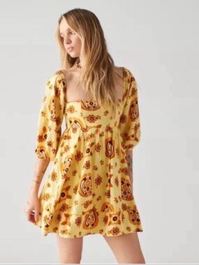 Urban Outfitters Yellow Floral Dress with Puff Sleeves
